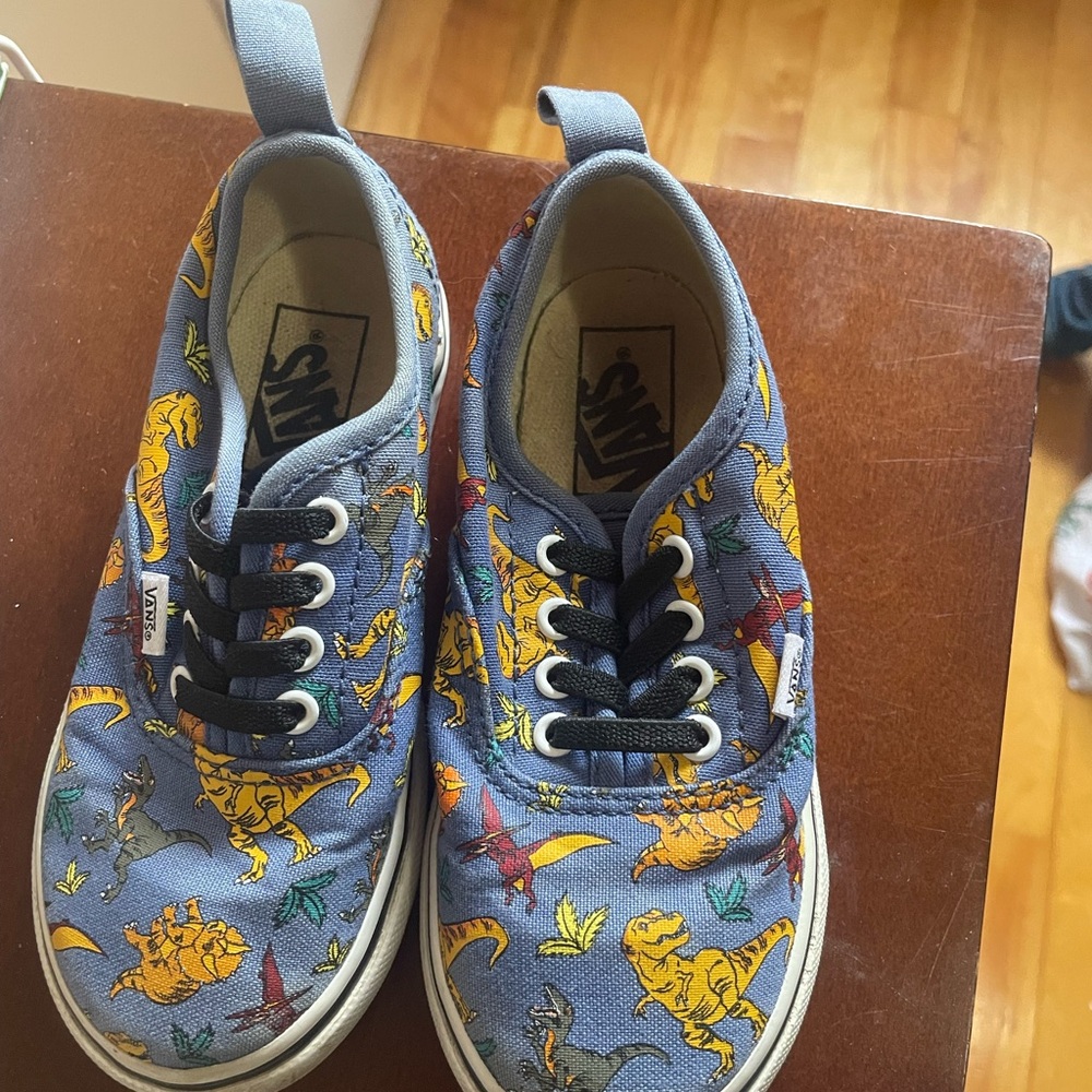 Vans Kids Canvas Sneakers with Yellow Dino Print on Blue